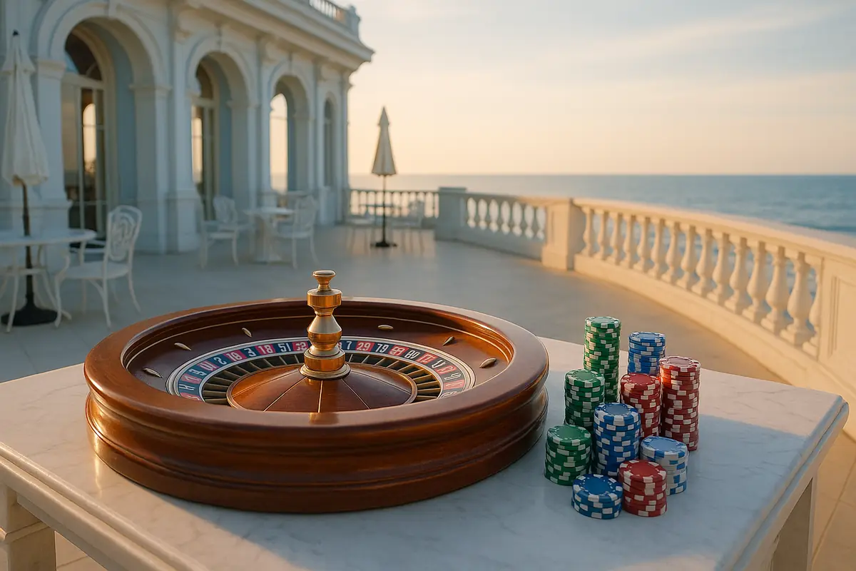 Seaside casino terrace with a roulette wheel and chips